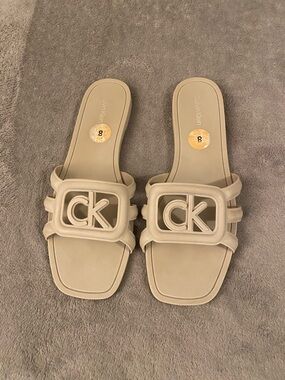 Calvin Klein Taupe CK Logo Slide Sandals